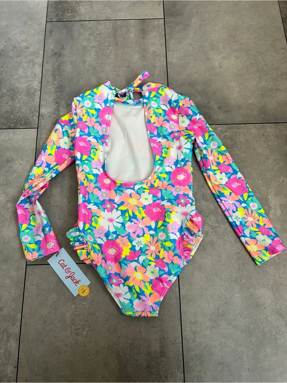 NEW cat & jack girls floral printed one piece swimsuit rash guard neon 4/5